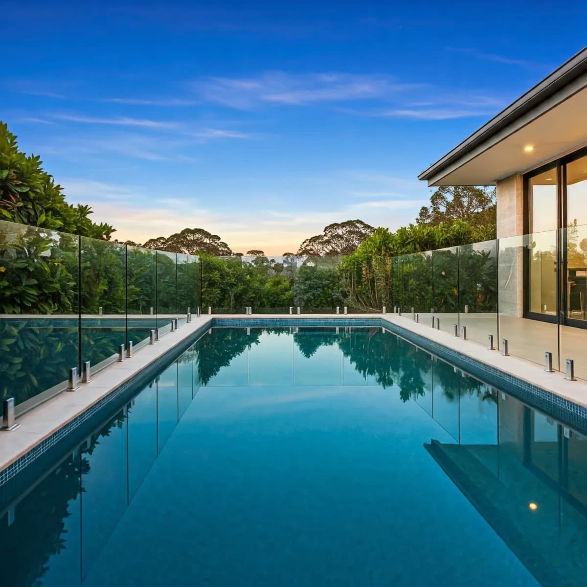 Modern pool area with glass fencing